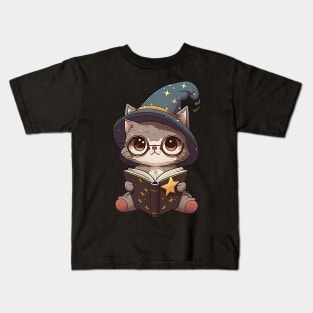 Magical Cat with a Spellbook - Adorable Magic Cat Cartoon Kids T-Shirt